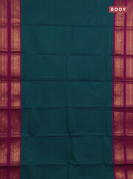 Chettinad cotton saree dua shade of greenish blue and magenta pink with plain body and long rettapet zari woven border