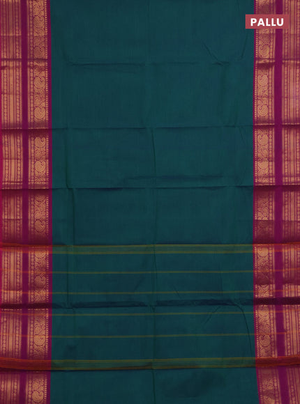 Chettinad cotton saree dua shade of greenish blue and magenta pink with plain body and long rettapet zari woven border