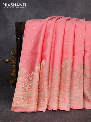Banarasi silk saree peach shade with allover floral zari woven buttas and long zari woven border