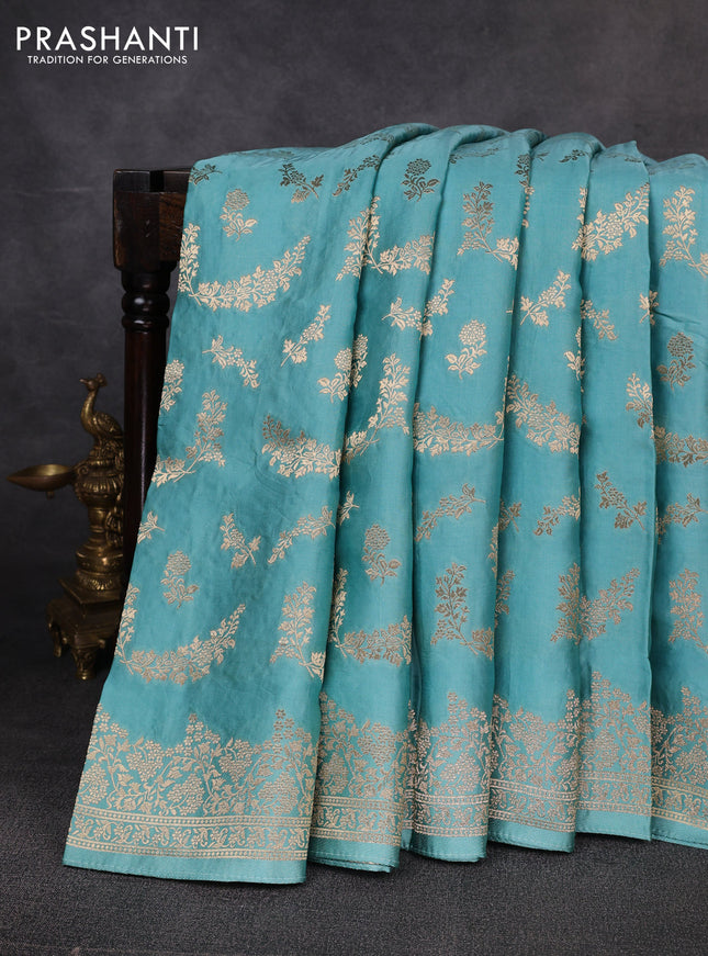 Banarasi silk saree teal blue with allover zari weaves and zari woven border
