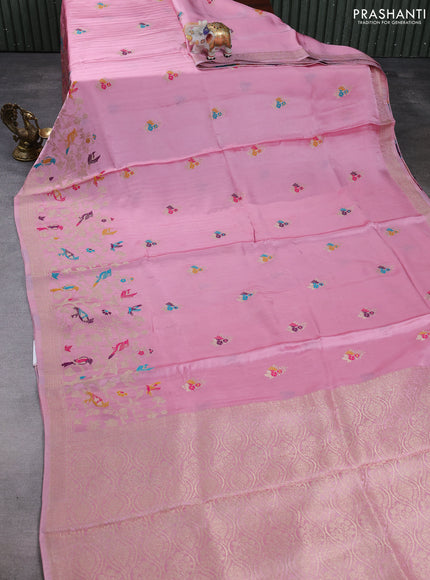 Banarasi silk saree light pink with thread & zari woven buttas and zari woven border