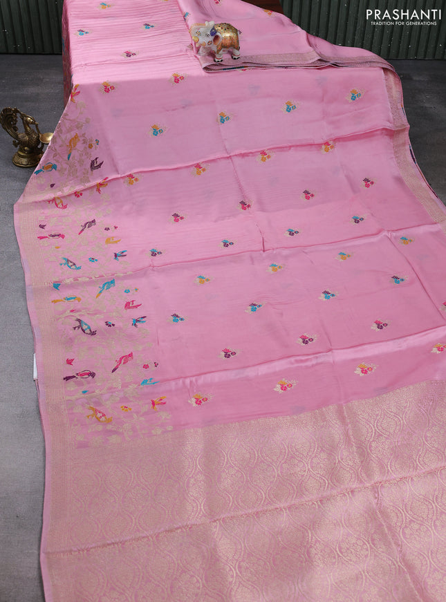 Banarasi silk saree light pink with thread & zari woven buttas and zari woven border