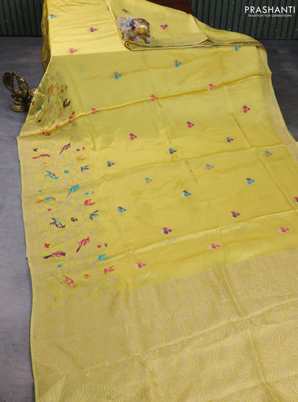 Banarasi silk saree yellow shade with thread & zari woven buttas and zari woven border