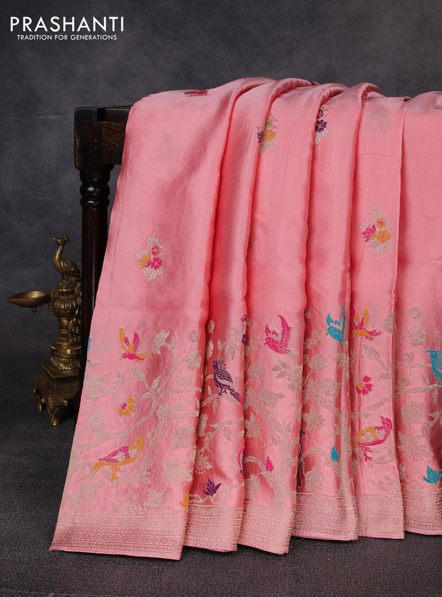 Banarasi silk saree peach shade with thread & zari woven buttas and zari woven border