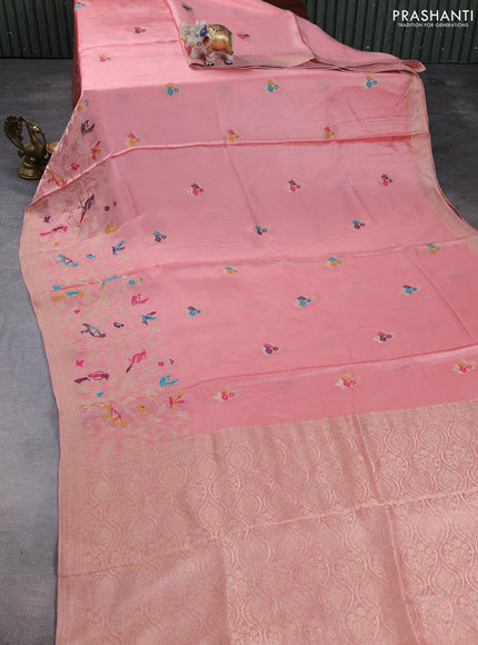 Banarasi silk saree peach shade with thread & zari woven buttas and zari woven border