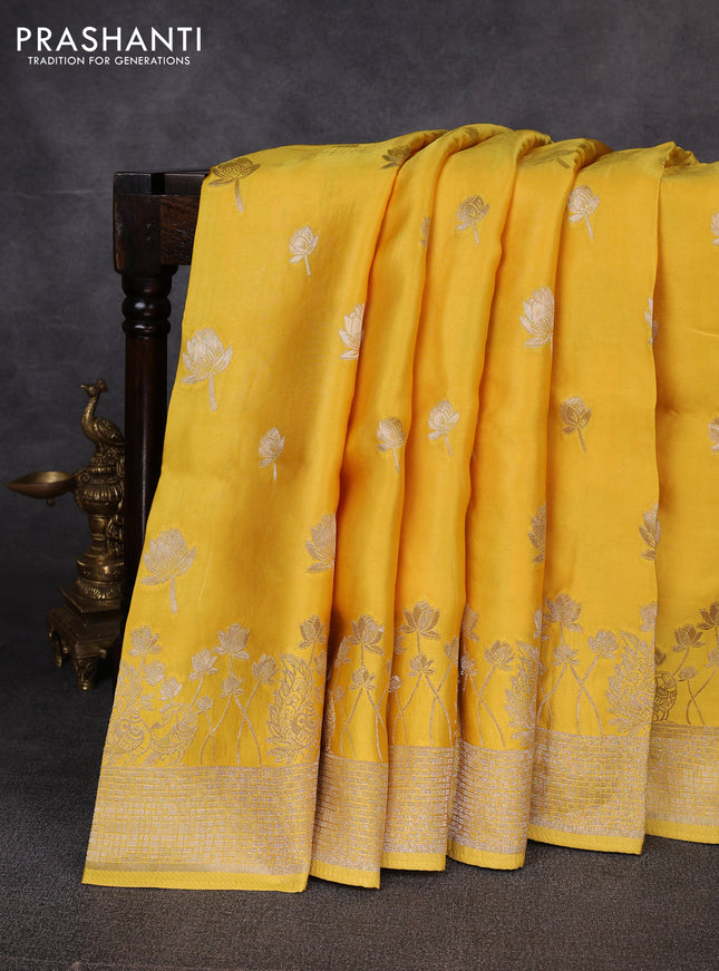 Banarasi silk saree yellow with allover zari woven buttas and zari woven border