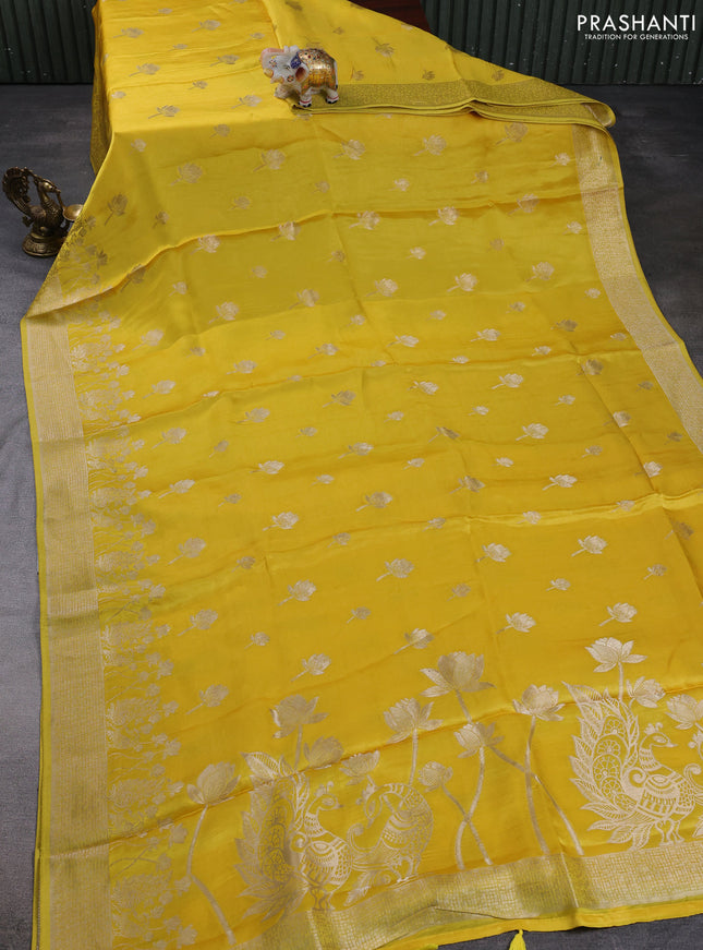 Banarasi silk saree yellow with allover zari woven buttas and zari woven border