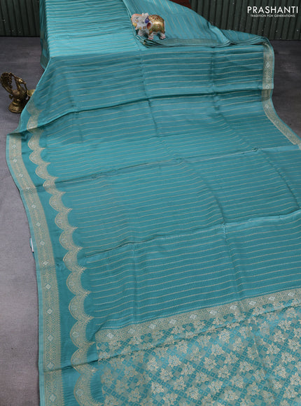 Banarasi silk saree teal green with allover zari stripe pattern and zari woven border