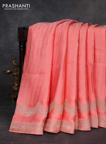 Banarasi silk saree peach orange with allover zari stripe pattern and zari woven border