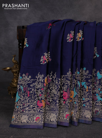 Banarasi silk saree navy blue with thread & zari woven buttas and long zari woven border