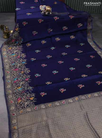 Banarasi silk saree navy blue with thread & zari woven buttas and long zari woven border