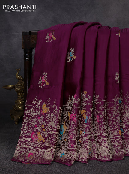 Banarasi silk saree wine shade with thread & zari woven buttas and long zari woven border