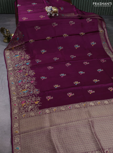 Banarasi silk saree wine shade with thread & zari woven buttas and long zari woven border