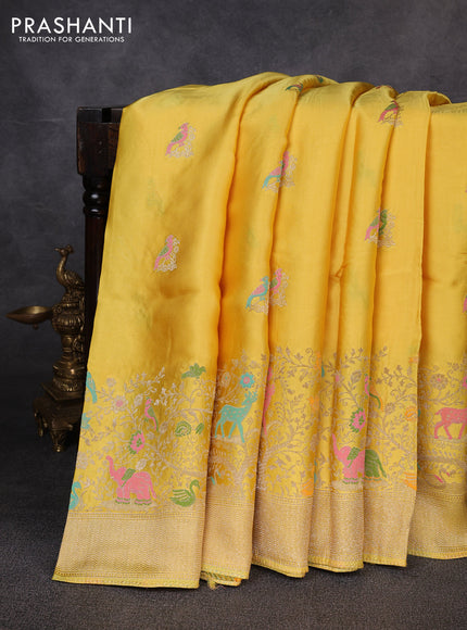 Banarasi silk saree yellow with allover thread & zari woven buttas and zari woven border