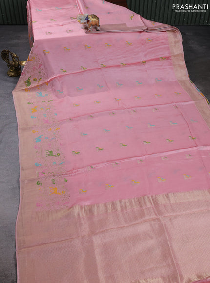 Banarasi silk saree light pink with allover thread & zari woven buttas and zari woven border