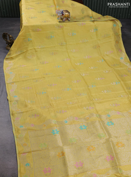 Banarasi silk saree yellow with thread & zari woven buttas and zari woven border