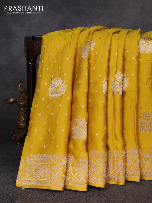 Banarasi silk saree yellow with allover zari woven buttas and zari woven border