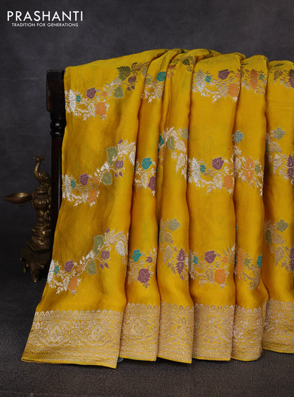 Banarasi silk saree yellow with allover thread & zari weaves and zari woven border