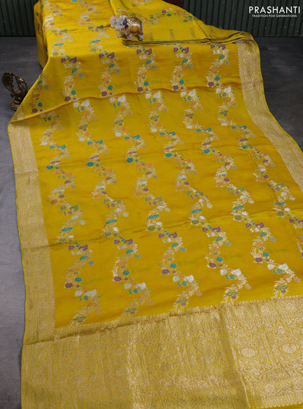 Banarasi silk saree yellow with allover thread & zari weaves and zari woven border