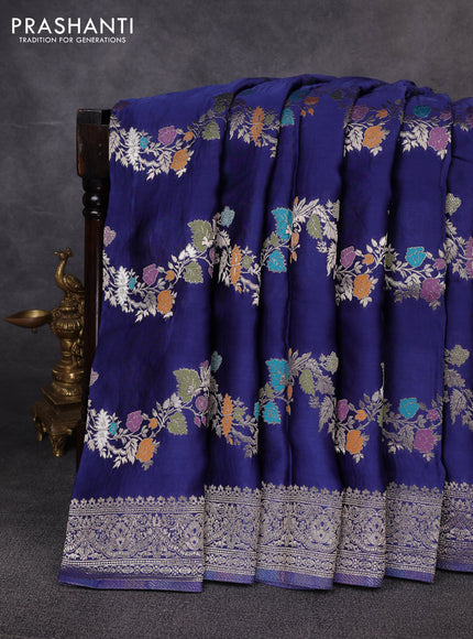 Banarasi silk saree navy blue with allover thread & zari weaves and zari woven border