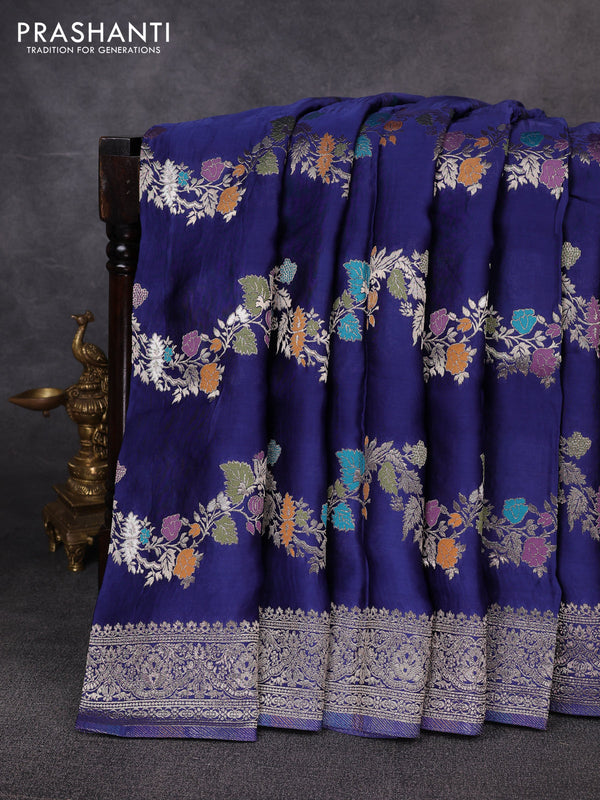 Banarasi silk saree navy blue with allover thread & zari weaves and zari woven border