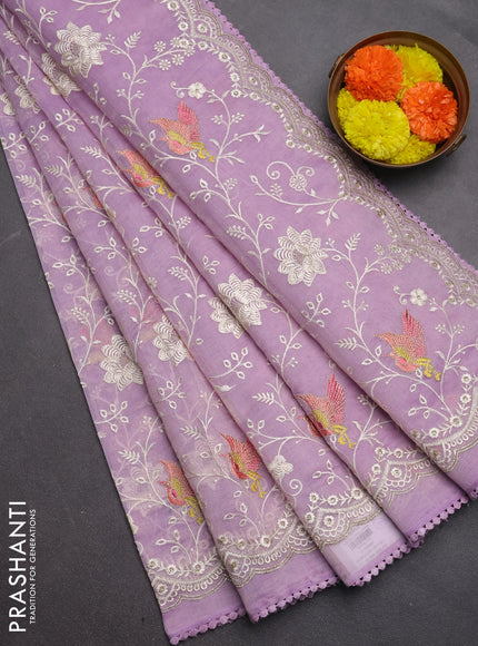 Semi Chanderi Saree lavender with allover embroidery weaves and corsha lace work border