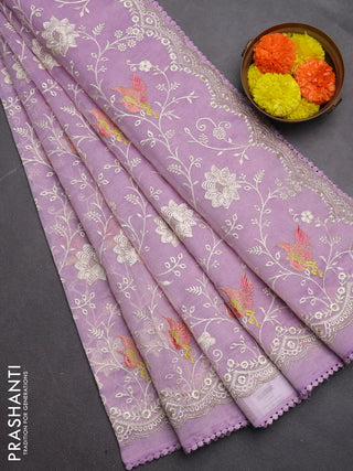 Semi Chanderi Saree lavender with allover embroidery weaves and corcia lace work border