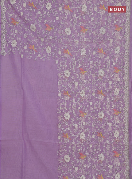 Semi Chanderi Saree lavender with allover embroidery weaves and corsha lace work border
