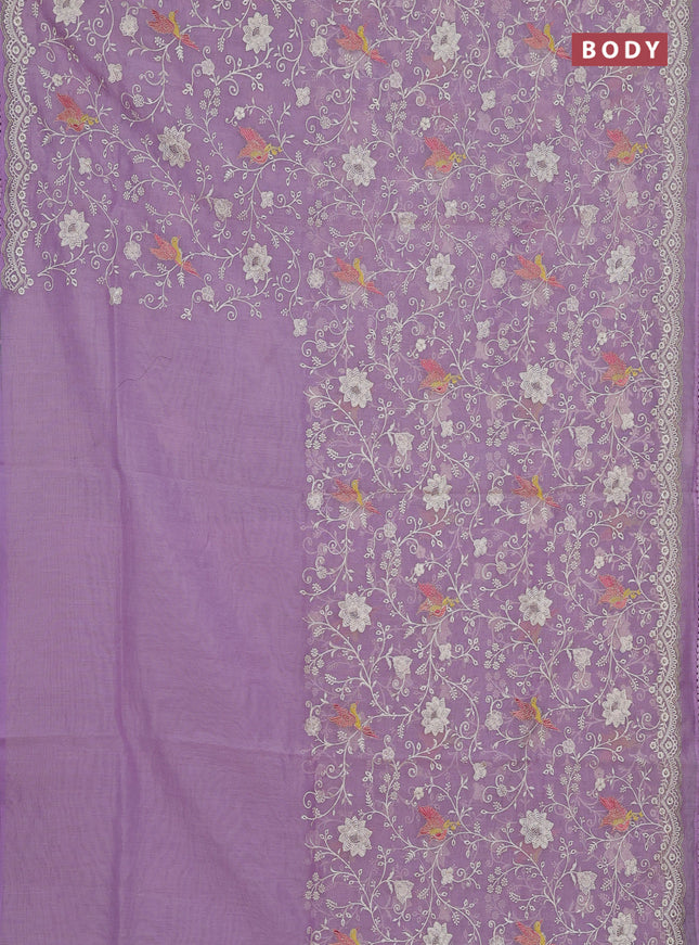 Semi Chanderi Saree lavender with allover embroidery weaves and corsha lace work border