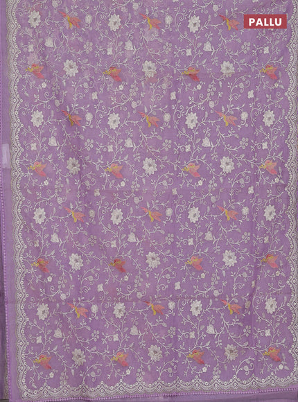 Semi Chanderi Saree lavender with allover embroidery weaves and corsha lace work border
