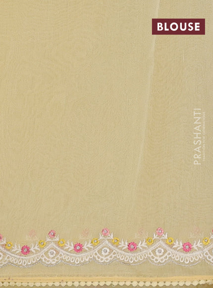 Semi Chanderi Saree pale yellow with allover embroidery weaves and corsha lace work border