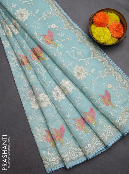 Semi Chanderi Saree pastel blue with allover embroidery weaves and corsha lace work border