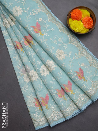 Semi Chanderi Saree pastel blue with allover embroidery weaves and corcia lace work border