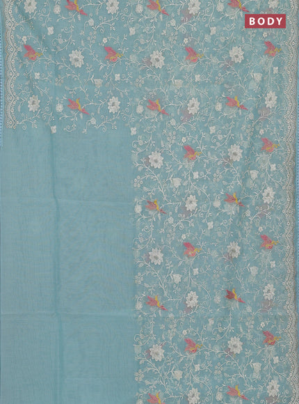 Semi Chanderi Saree pastel blue with allover embroidery weaves and corsha lace work border