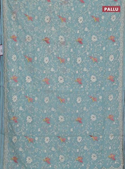 Semi Chanderi Saree pastel blue with allover embroidery weaves and corsha lace work border