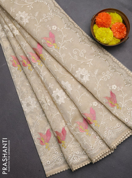 Semi Chanderi Saree beige with allover embroidery weaves and corsha lace work border