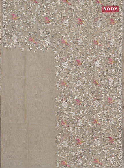 Semi Chanderi Saree beige with allover embroidery weaves and corsha lace work border
