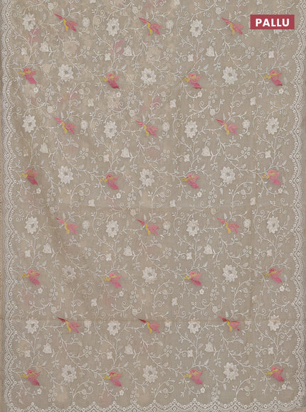 Semi Chanderi Saree beige with allover embroidery weaves and corsha lace work border