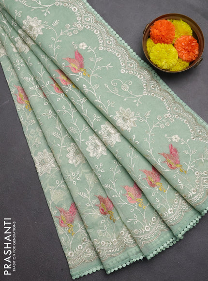 Semi Chanderi Saree pastel green with allover embroidery weaves and corsha lace work border