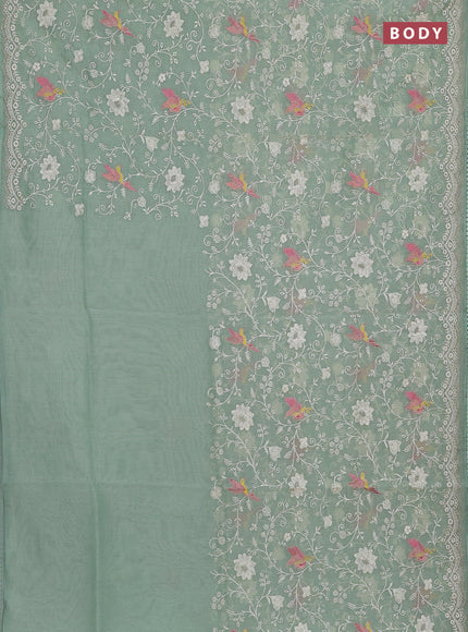 Semi Chanderi Saree pastel green with allover embroidery weaves and corsha lace work border