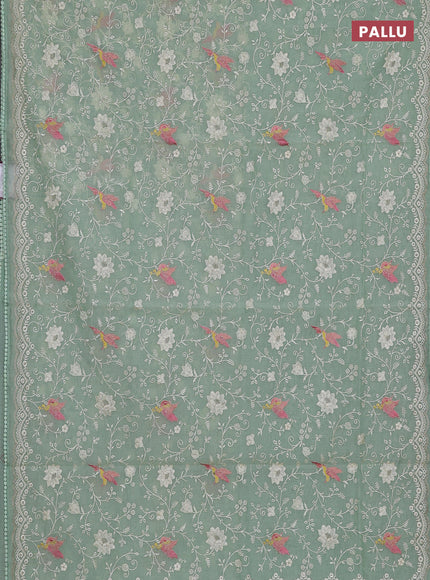 Semi Chanderi Saree pastel green with allover embroidery weaves and corsha lace work border