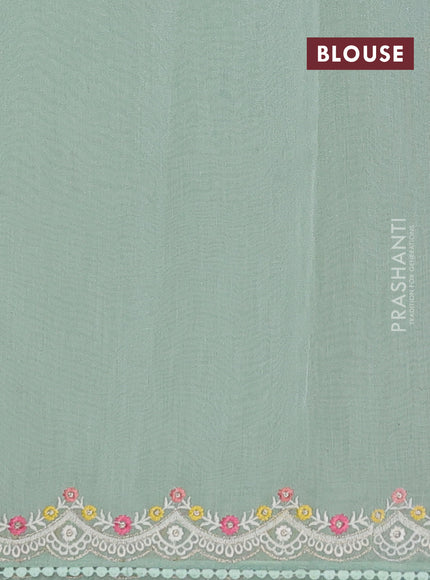 Semi Chanderi Saree pastel green with allover embroidery weaves and corsha lace work border