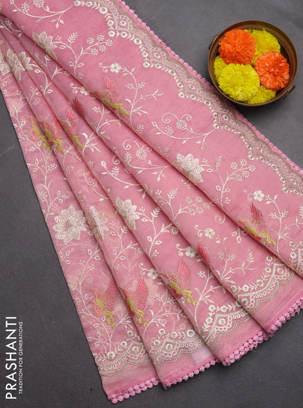 Semi Chanderi Saree pink with allover embroidery weaves and corsha lace work border