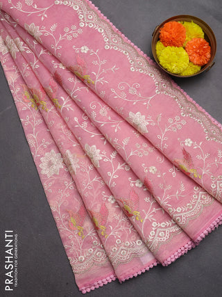 Semi Chanderi Saree pink with allover embroidery weaves and corcia lace work border