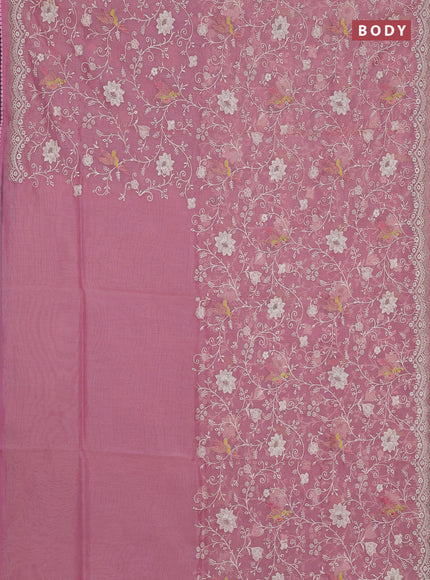 Semi Chanderi Saree pink with allover embroidery weaves and corsha lace work border