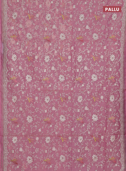 Semi Chanderi Saree pink with allover embroidery weaves and corsha lace work border