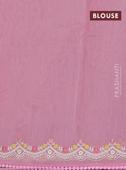 Semi Chanderi Saree pink with allover embroidery weaves and corsha lace work border