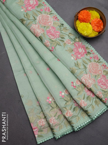 Semi Chanderi Saree pastel green with allover convent embroidery buttas and corsha lace work border