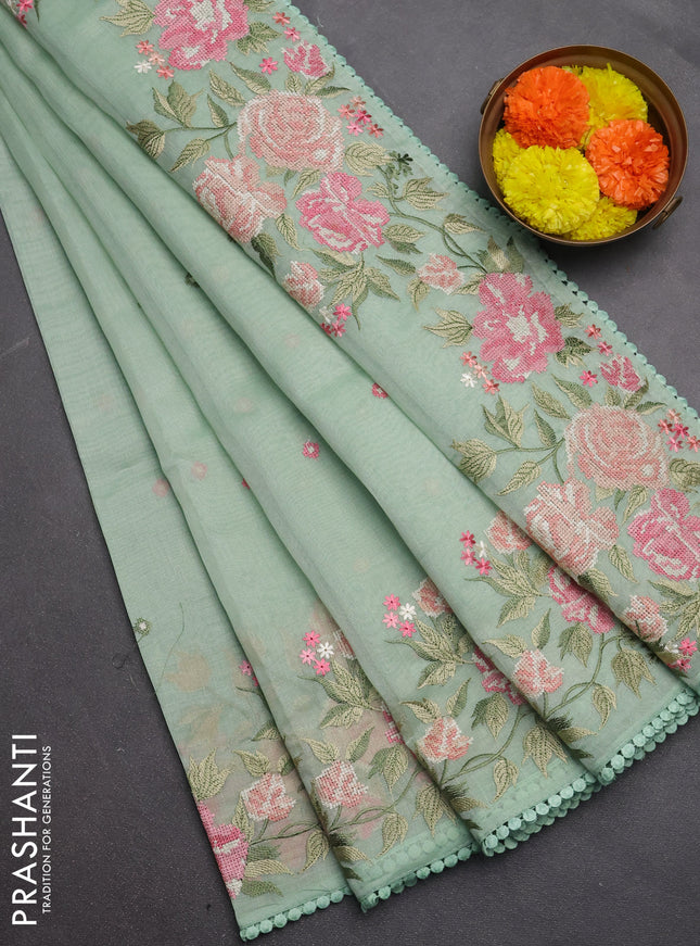 Semi Chanderi Saree pastel green with allover convent embroidery buttas and corsha lace work border