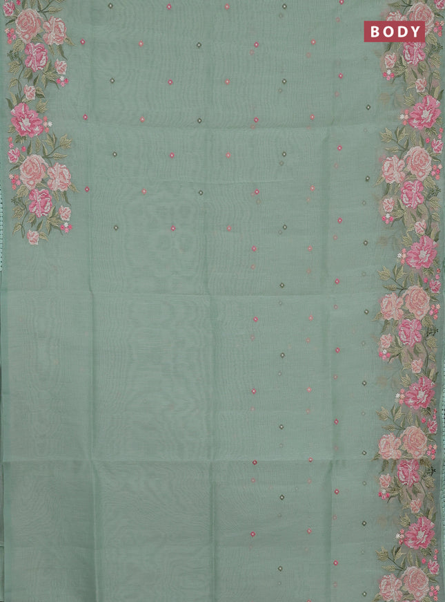 Semi Chanderi Saree pastel green with allover convent embroidery buttas and corsha lace work border